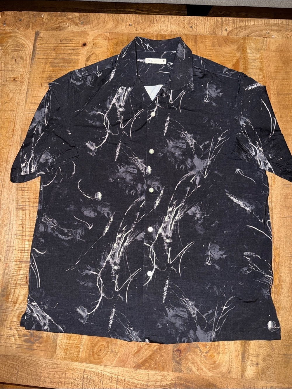 Zara Black Short Sleeve Button-Down with White Marble Streaks